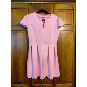 Pink V neck scallop pleated dress